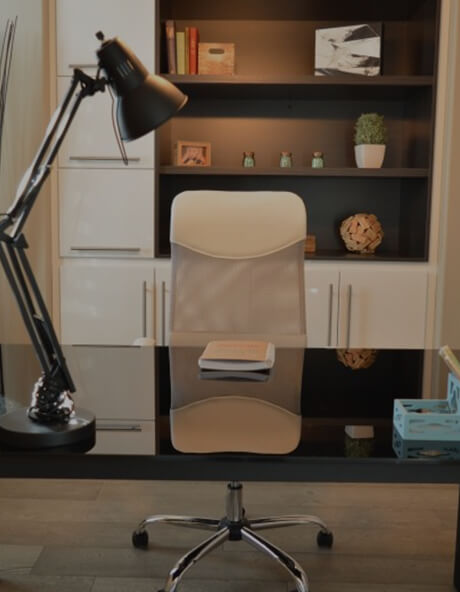 Furniture, Office chair, Chair, Shelf, Computer desk, Desk, Interior design, Lamp, Room, Office, Small office/home office, Virtual office