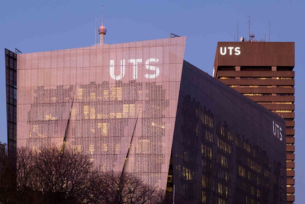 Architecture, Urban area, Wall, Daytime, Sky, Metropolitan area, Building, Line, Facade, City, Corporate headquarters, Signage, University of Technology Sydney, University of Technology Sydney, University